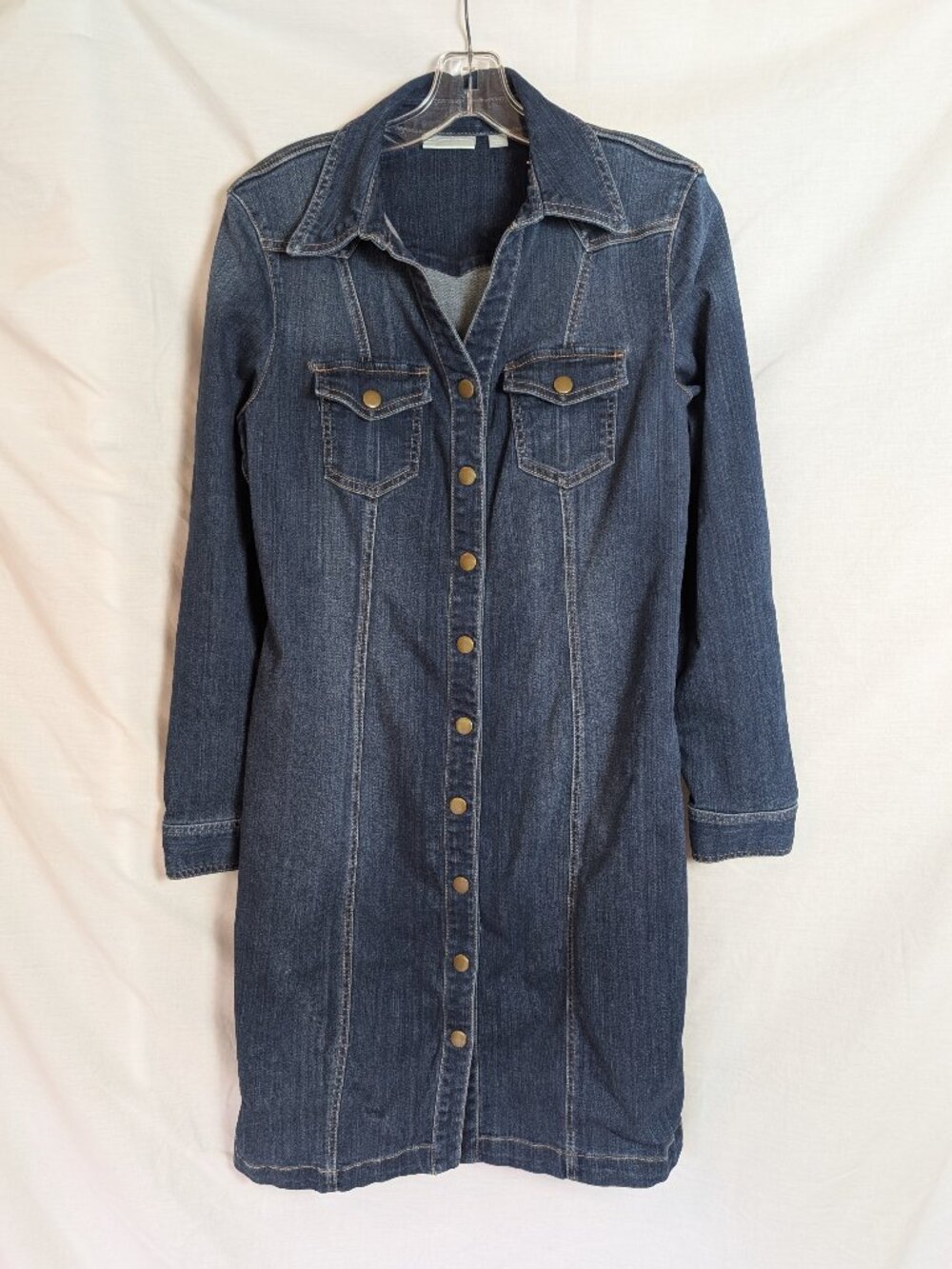New York & Company Denim Long Sleeve Classic Shirt Dress Snap Front Western Boho